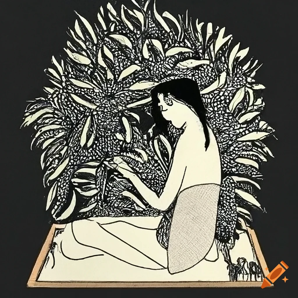 illustration of indoor plants in Saul Steinberg and Aubrey Beardsley style