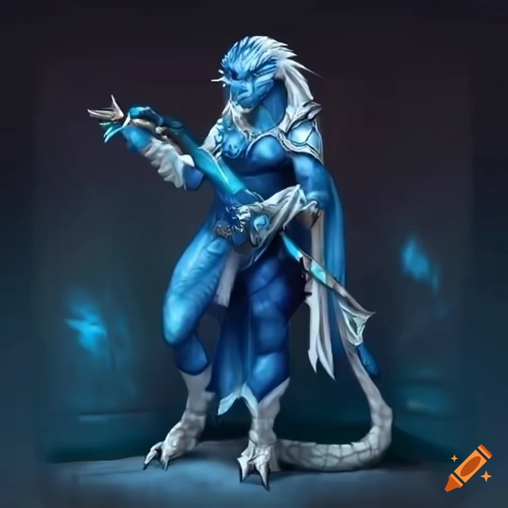 artwork of a female dragonborn with blue and white scales