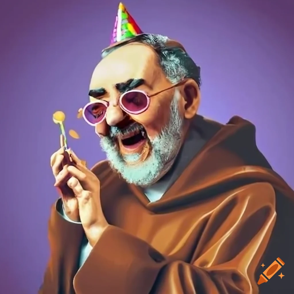 colorful image of Padre Pio laughing at a birthday party