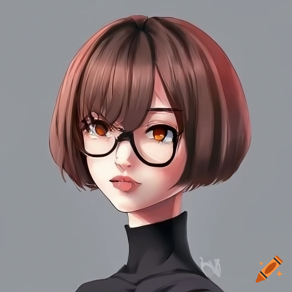 anime girl with short brown hair and red glasses