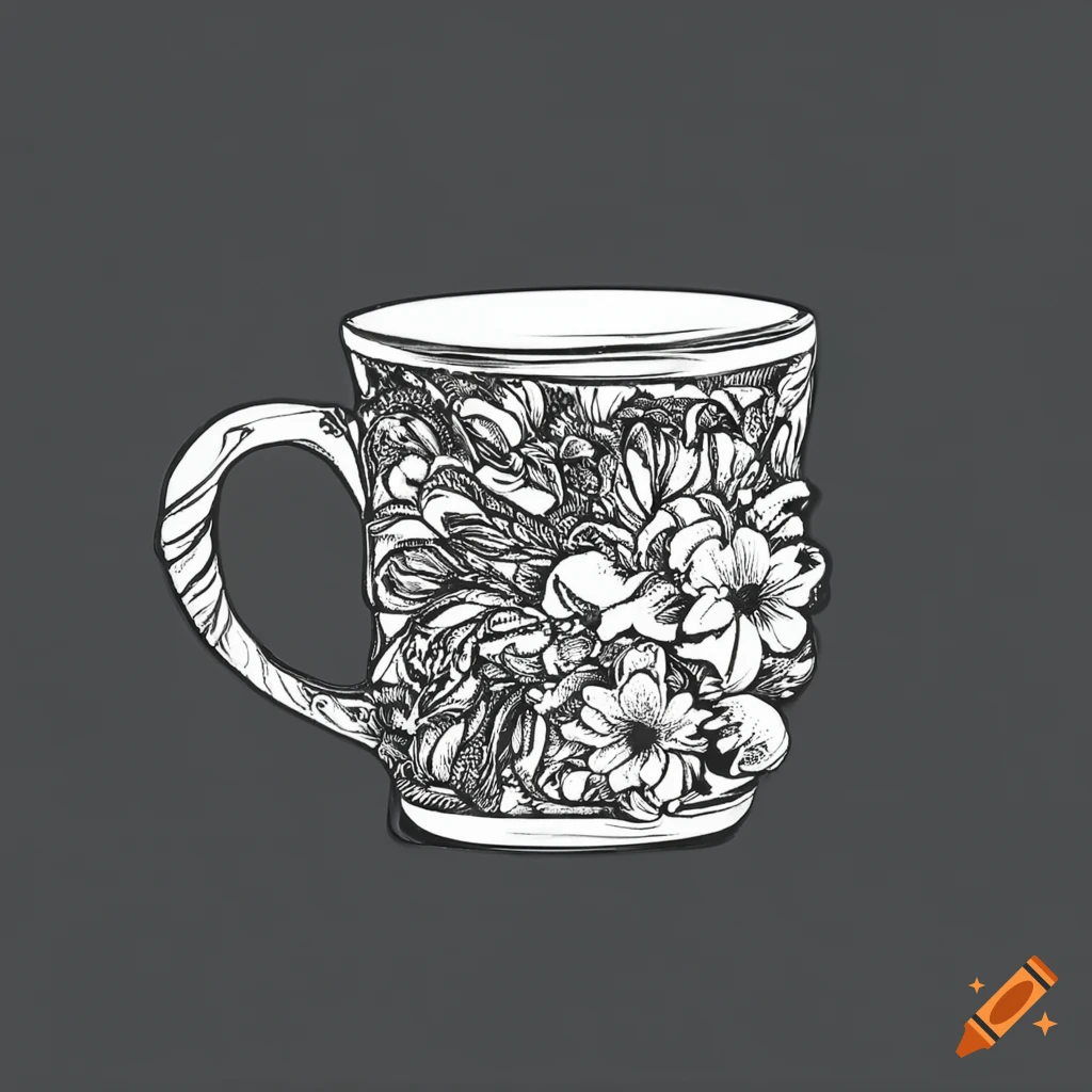 black and white floral pattern coffee mug