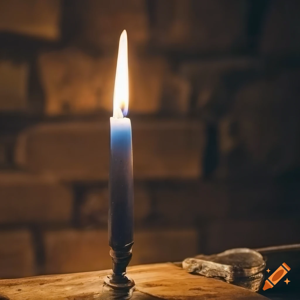 old lit candle on a dark medieval table