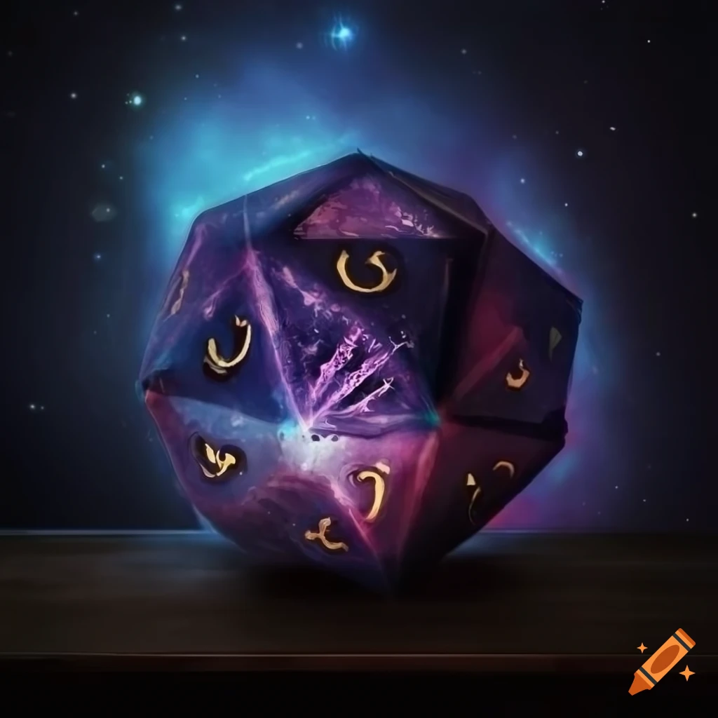galaxy-themed d20 on a table with books and weapons