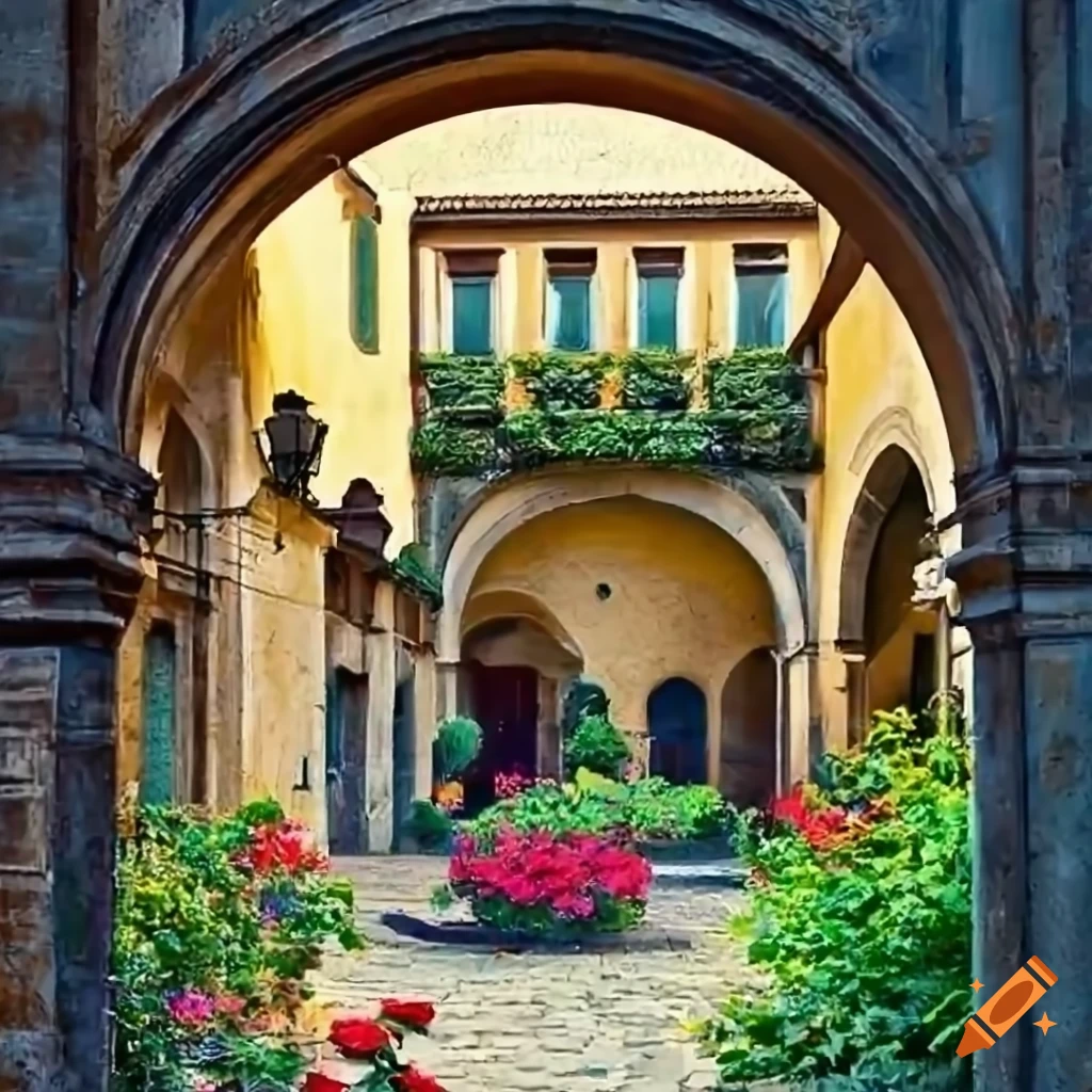 Florentine courtyard with archway and flowers