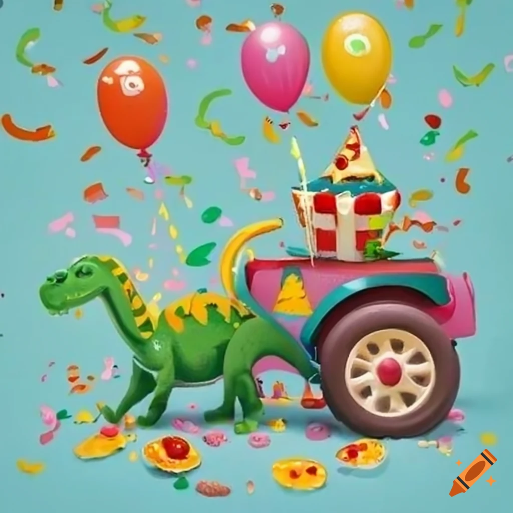 birthday card invitation with dinosaurs and tractors