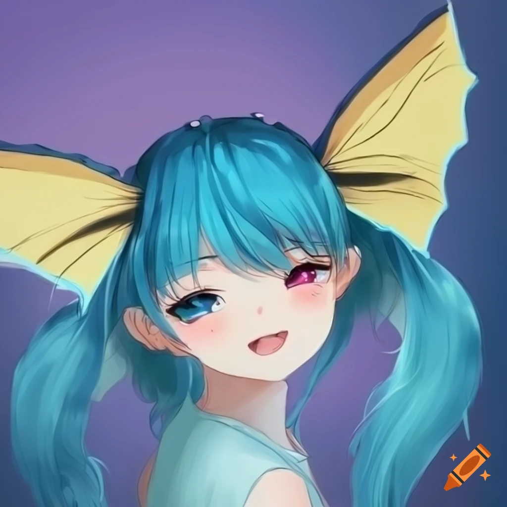 drawing of a girl with blue hair and Vaporeon tail