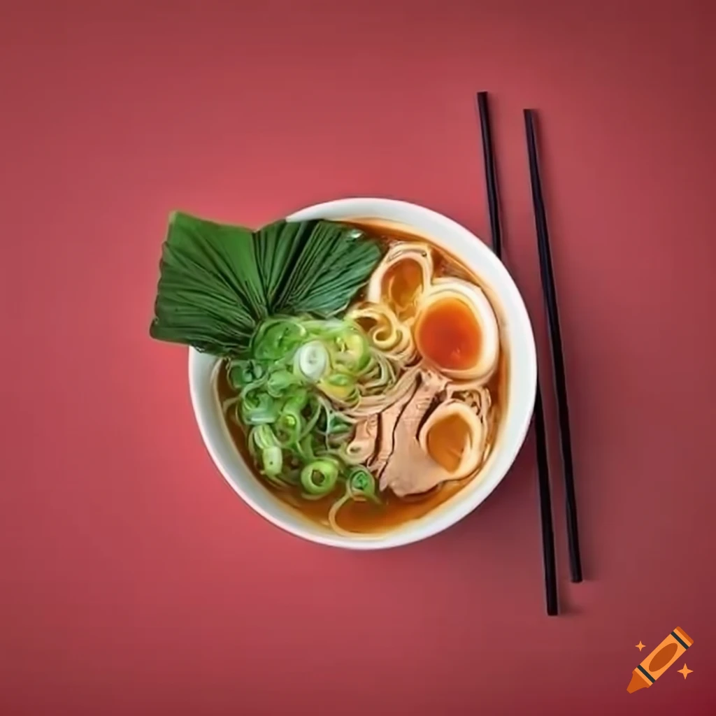 top view of delicious ramen on red table