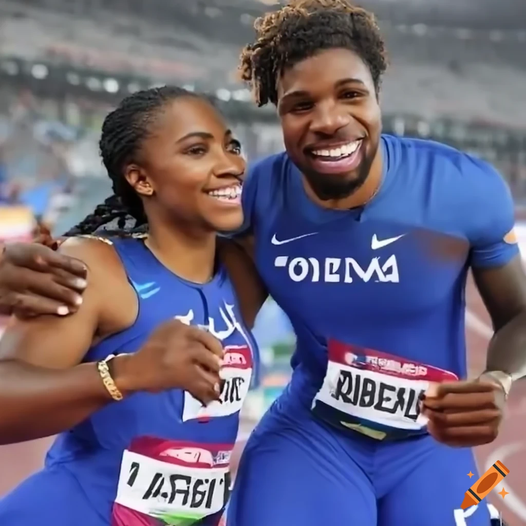 track and field athlete embracing a woman with long braids