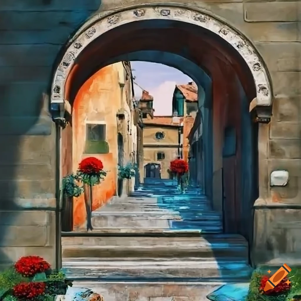 beautiful courtyard with archway and flowers