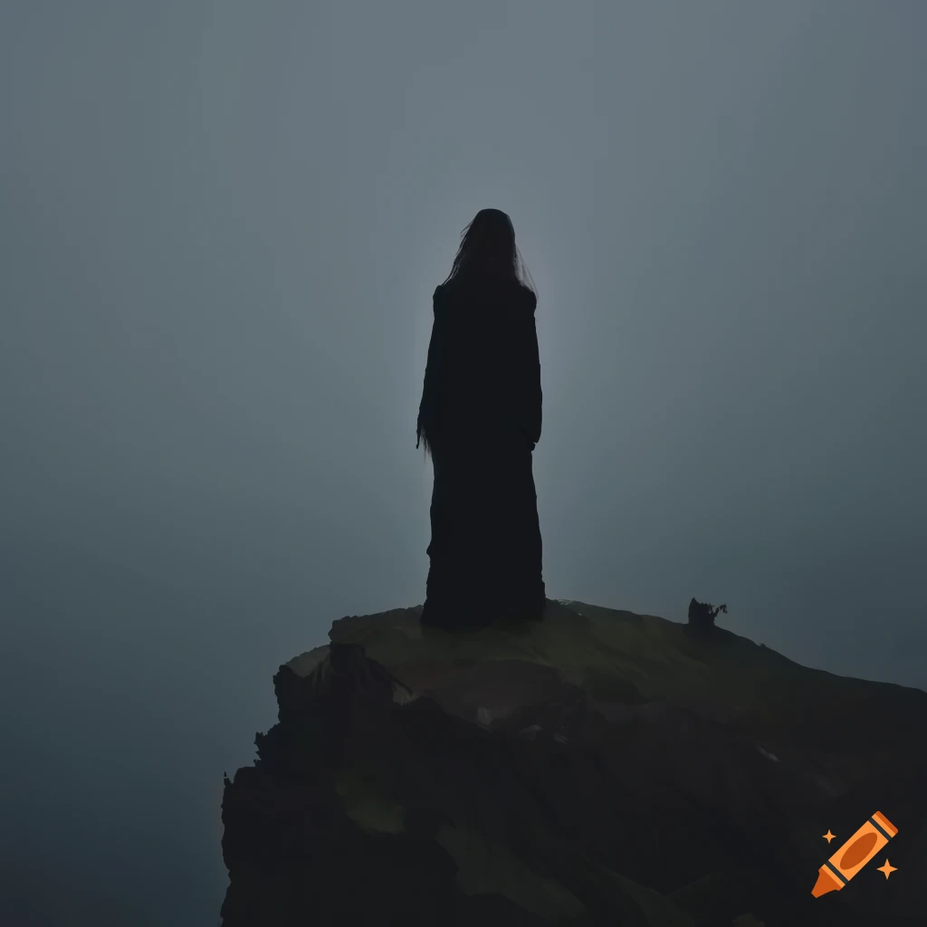 Silhouette of a woman standing on a misty cliff on Craiyon