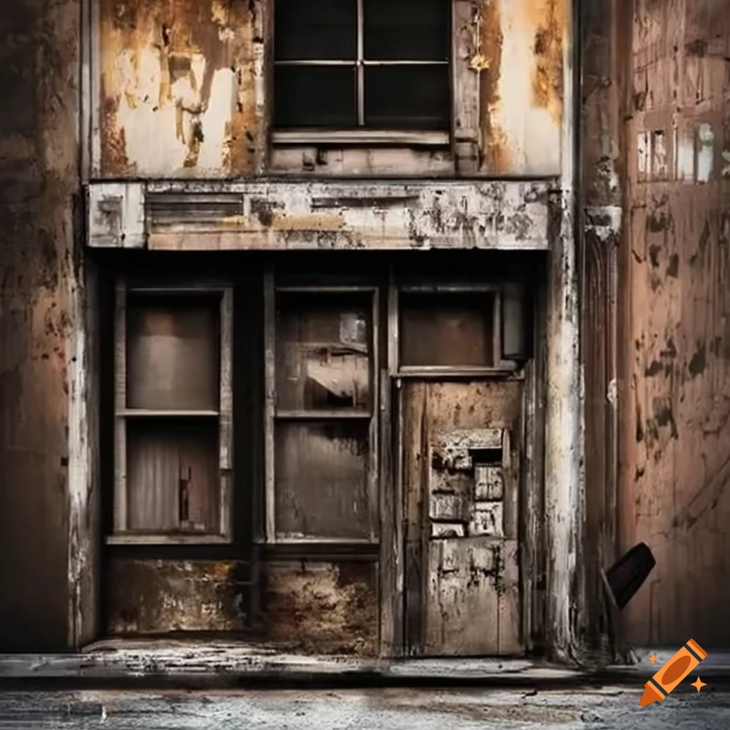 gritty depiction of a weathered storefront in urban environment