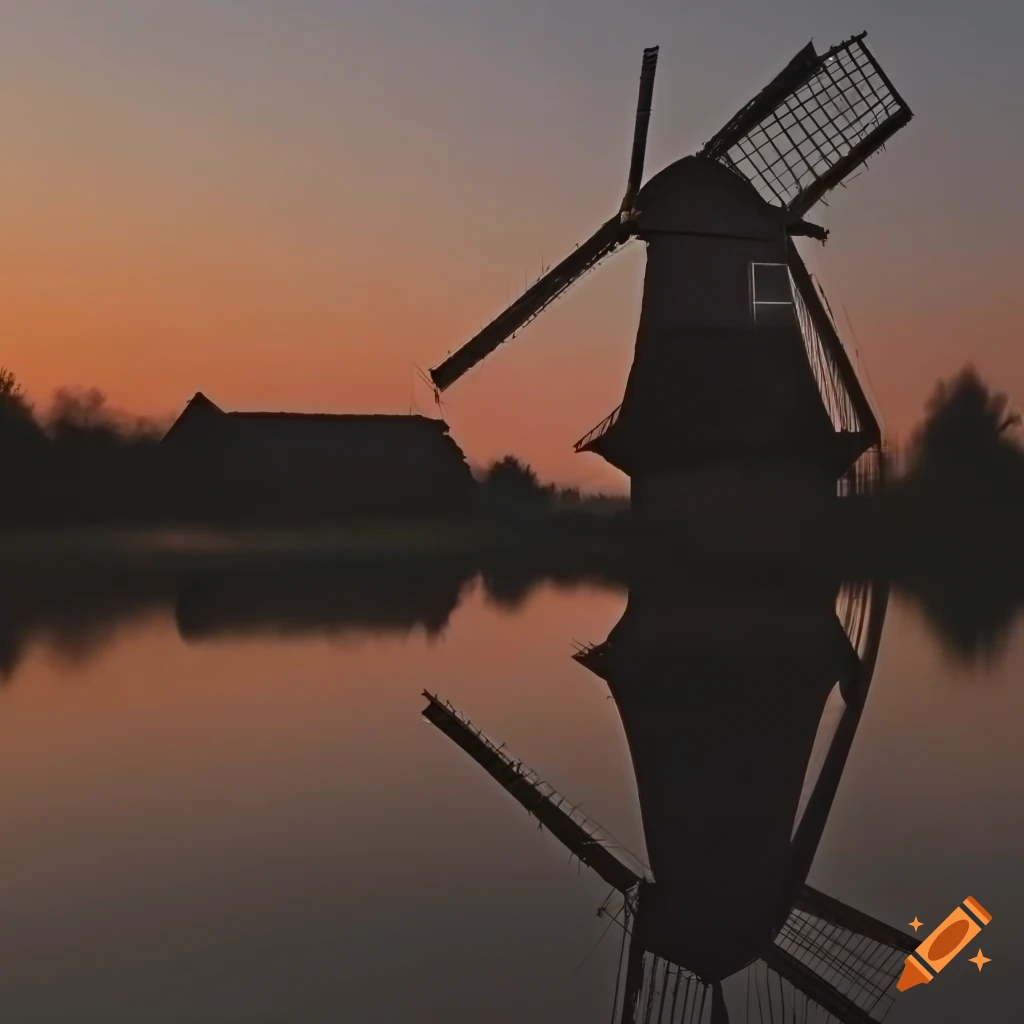 photograph of an abandoned Dutch windmill at sunset