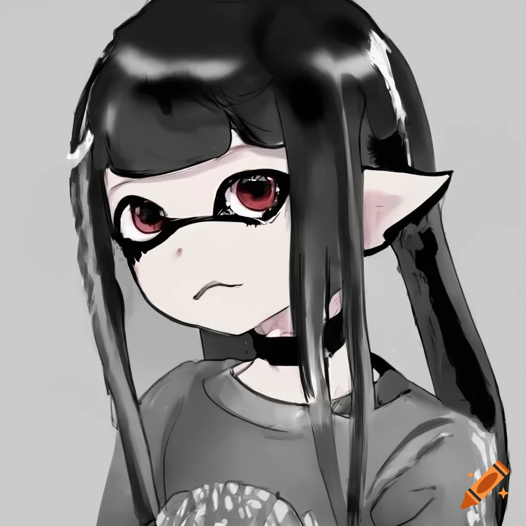 inkling girl with black hair and wolfcut hairstyle in a grunge outfit