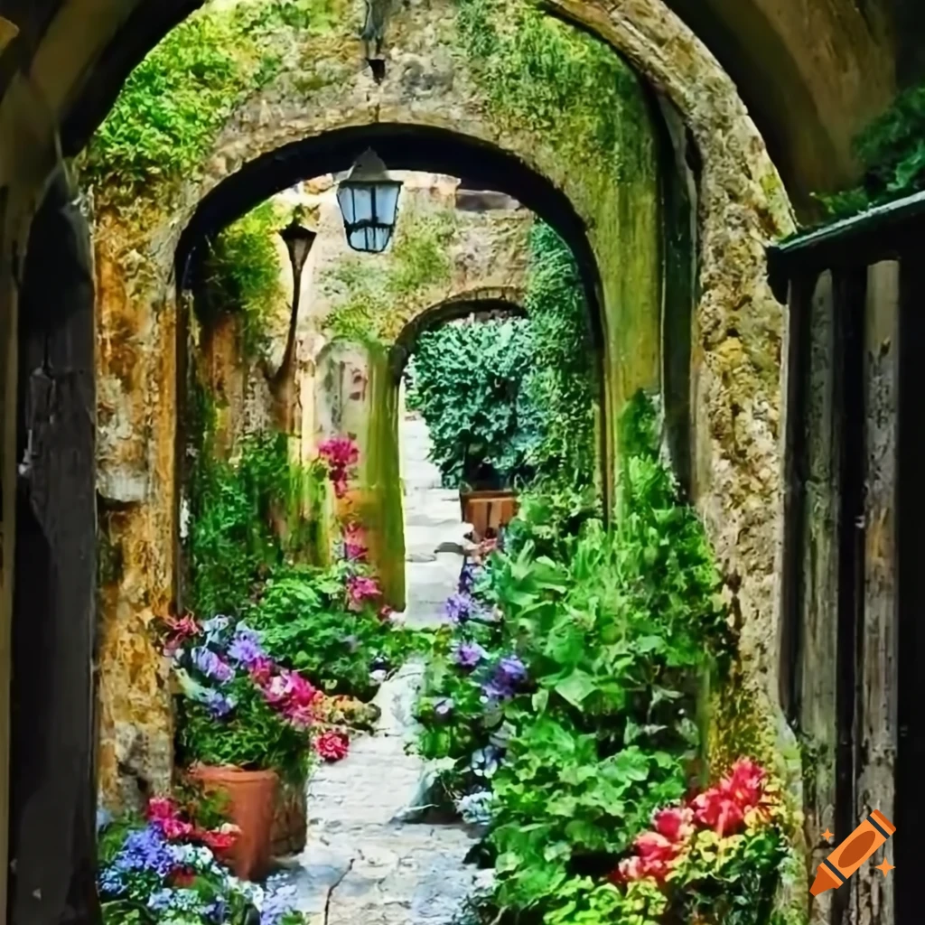 Italian courtyard with flowers and archway