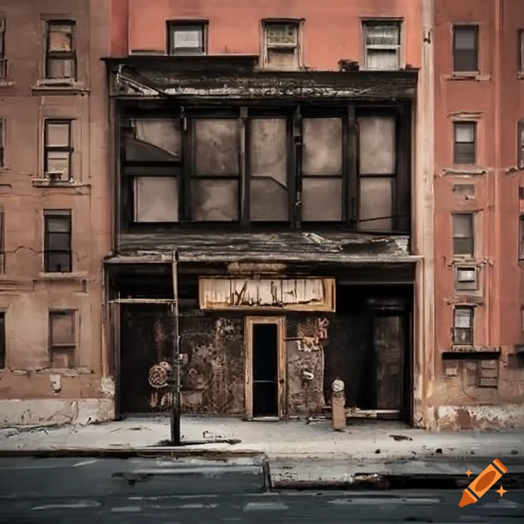 gritty depiction of a weathered storefront facade in an urban environment