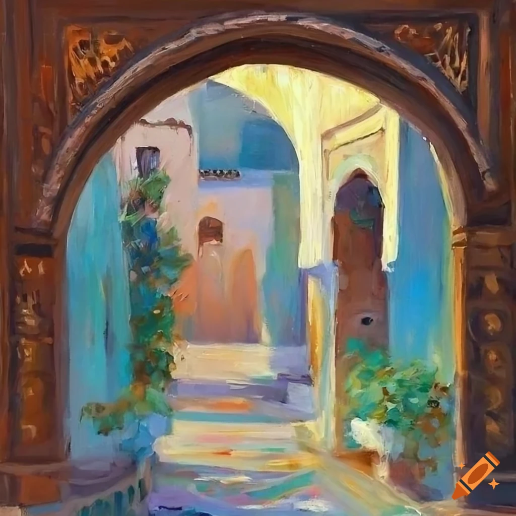 impressionist painting of a quaint Moroccan house with courtyard and flowers