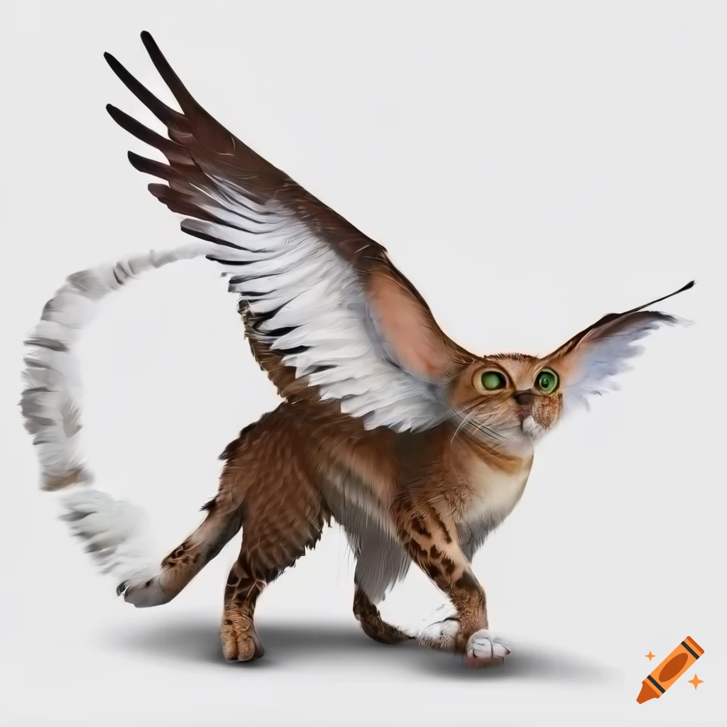 Photo realistic illustration of a cat raptor hybrid with white feathers ...