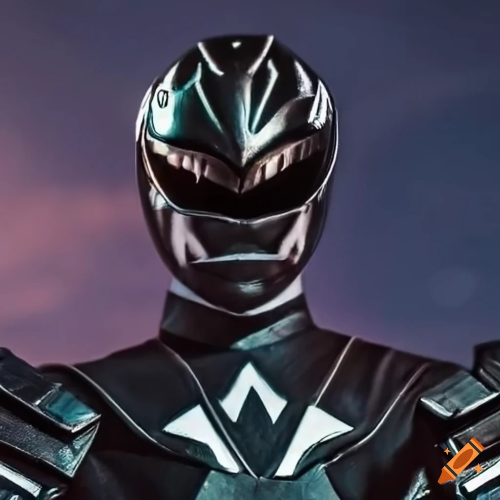 close-up of a fierce Power Ranger in front of city buildings