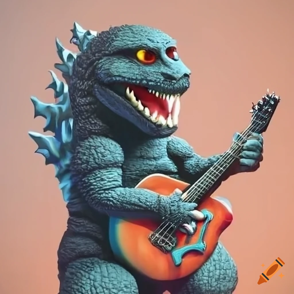cartoon image of a cute baby Godzilla playing the guitar