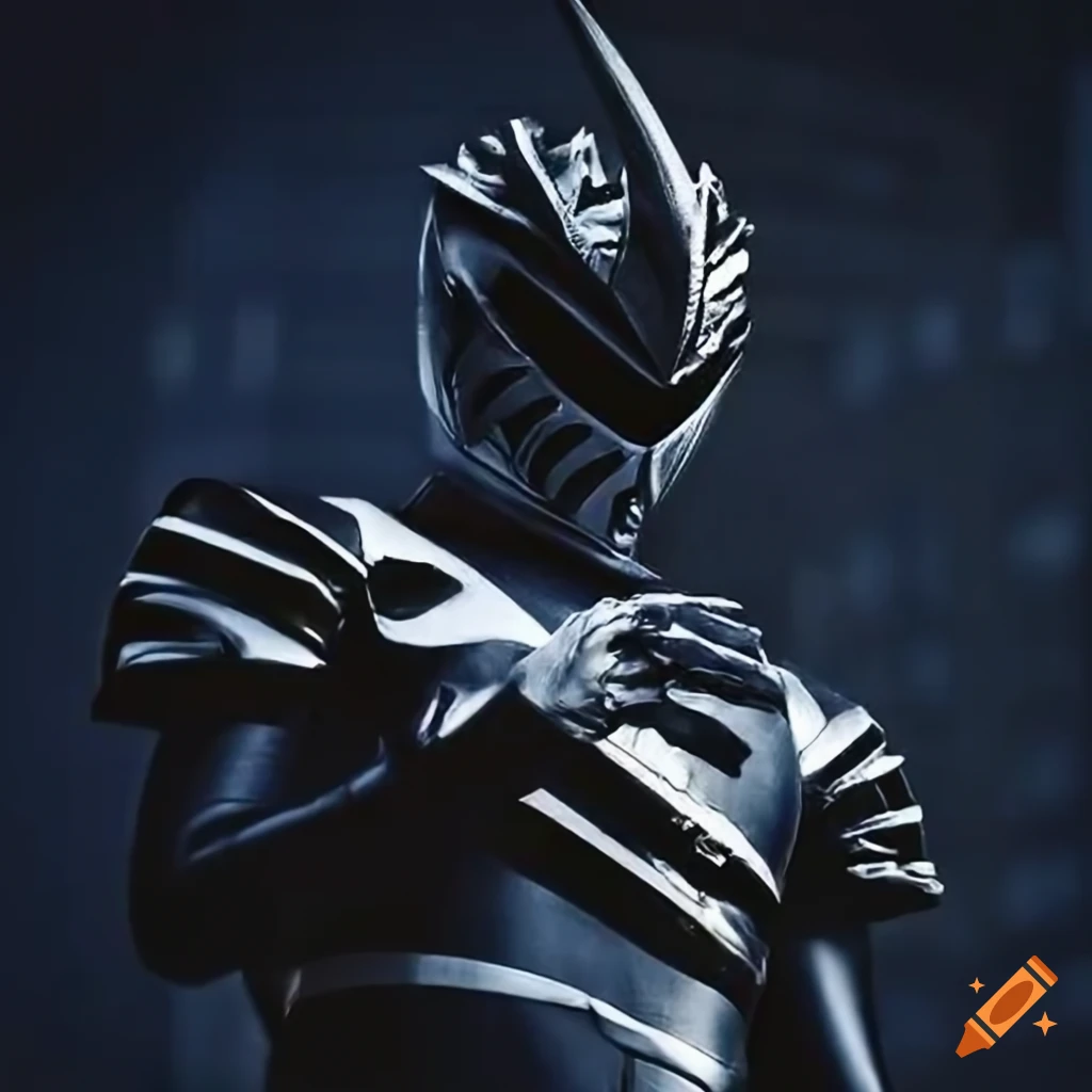 close-up of a fierce Power Ranger in front of city buildings