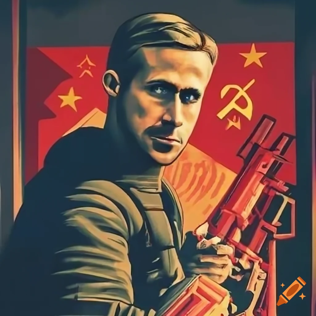 bold Soviet propaganda poster of Ryan Gosling in Blade Runner 2049