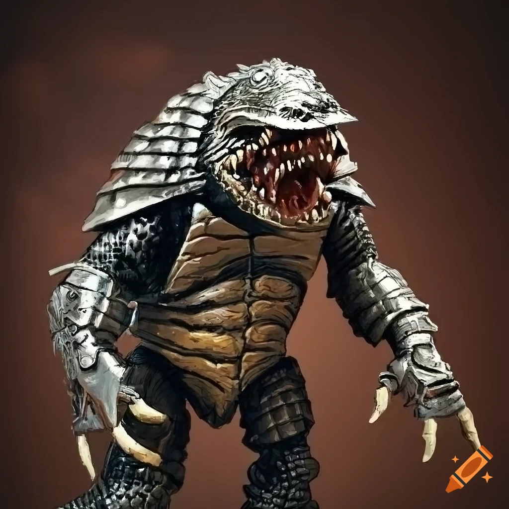 detailed illustration of Gamera and a Cylon Centurion in a labyrinth