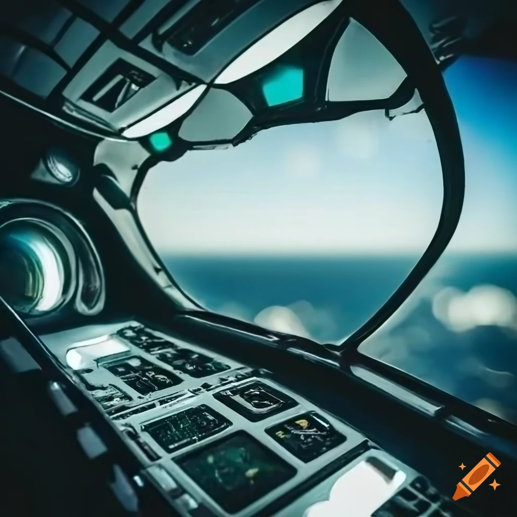 retro-futuristic spaceship cockpit with large glass canopy