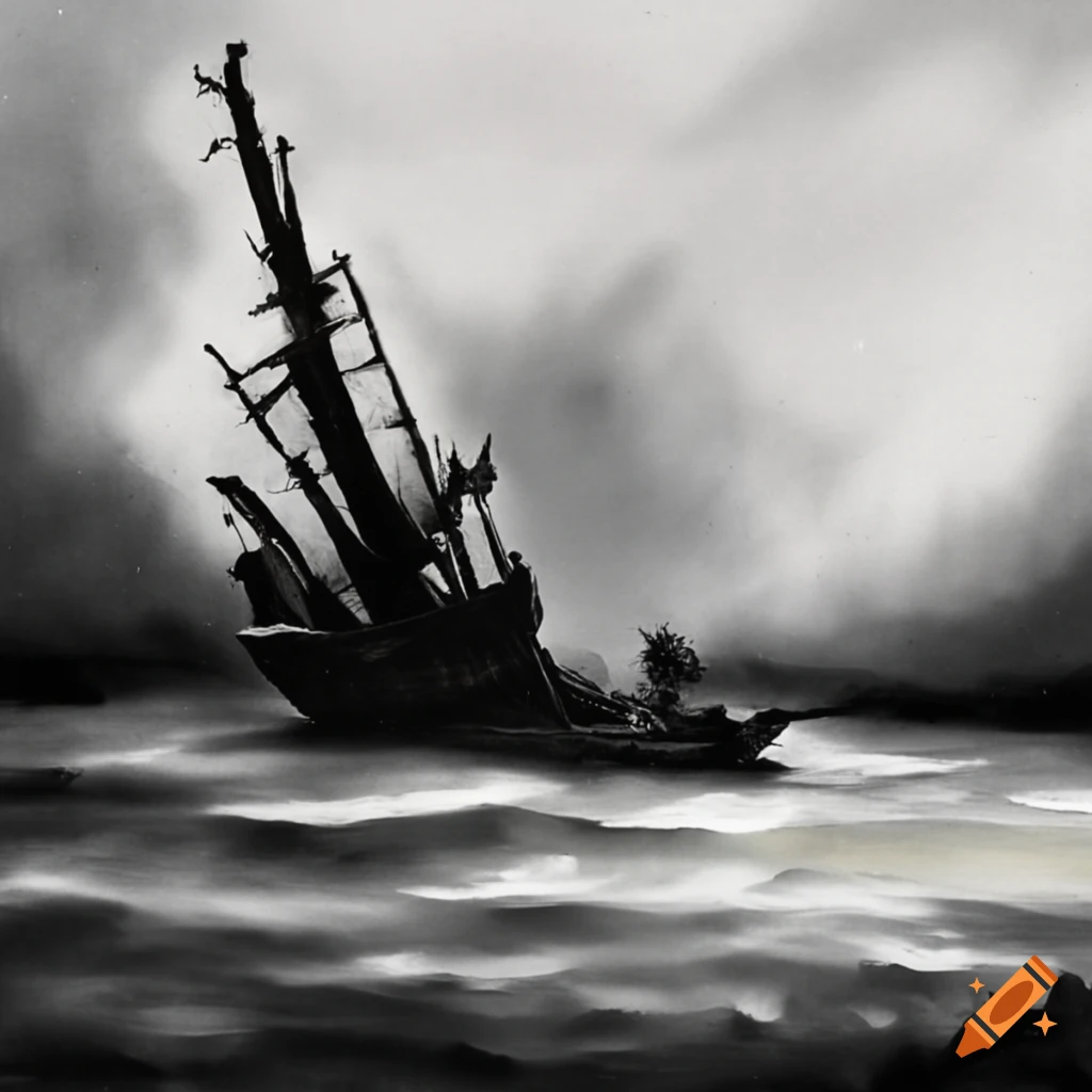 shipwreck on a peaceful lake