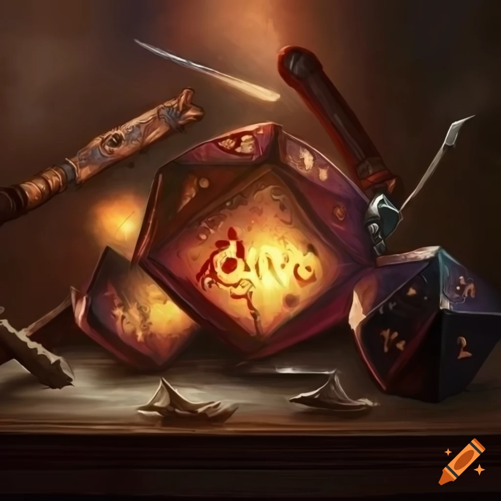 galaxy-themed d20 on a table with books and weapons