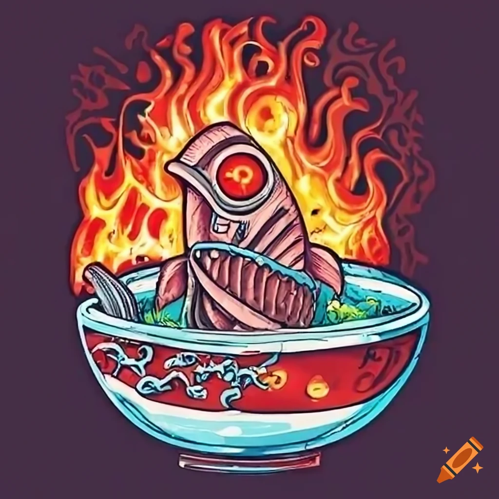 tattoo style artwork of a robotic fish in a ramen bowl