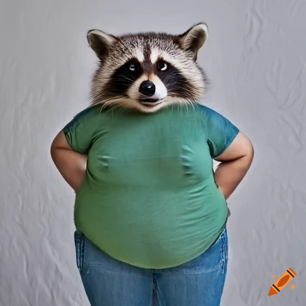 illustration of a chubby raccoon in a green t-shirt and denim pants