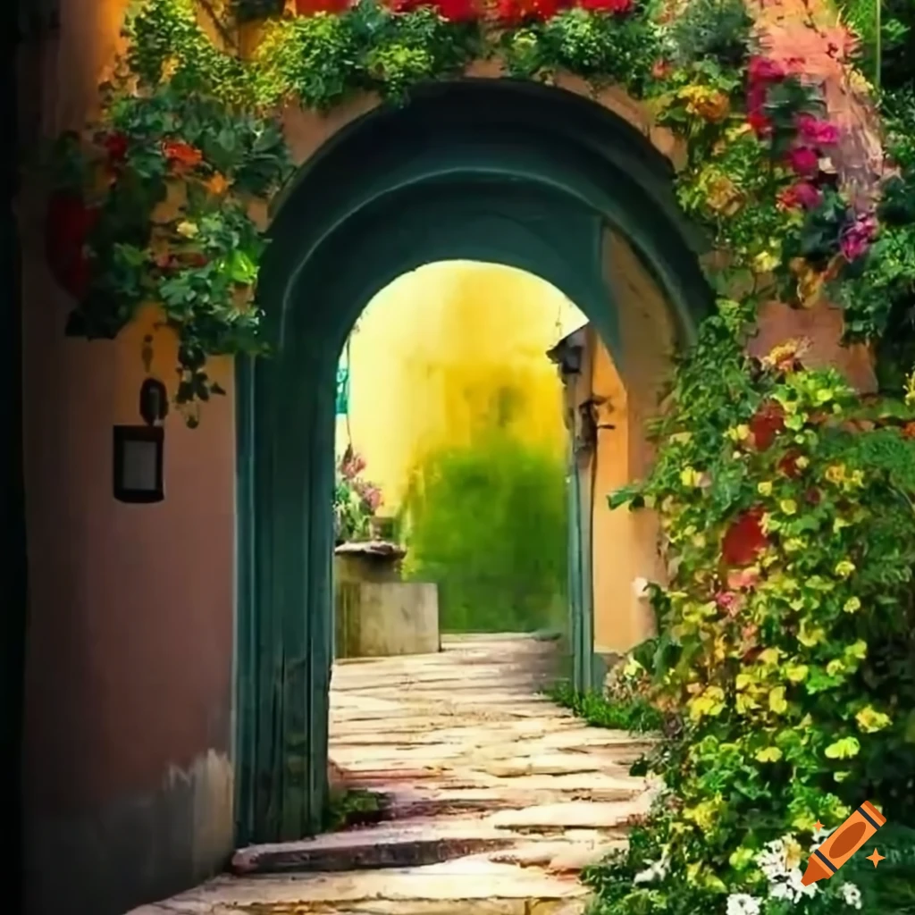 Italian courtyard with a beautiful archway and flowers