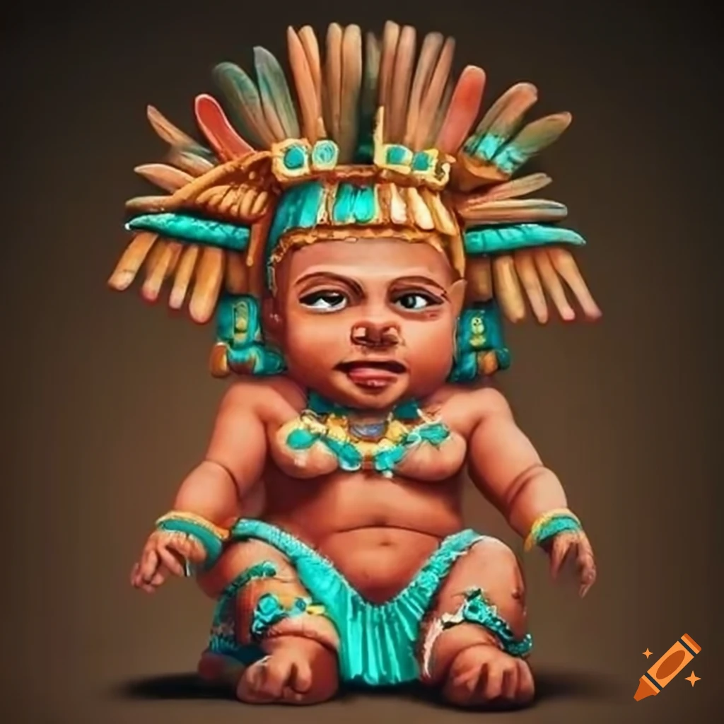 artwork of Aztec baby deity with baby bibs