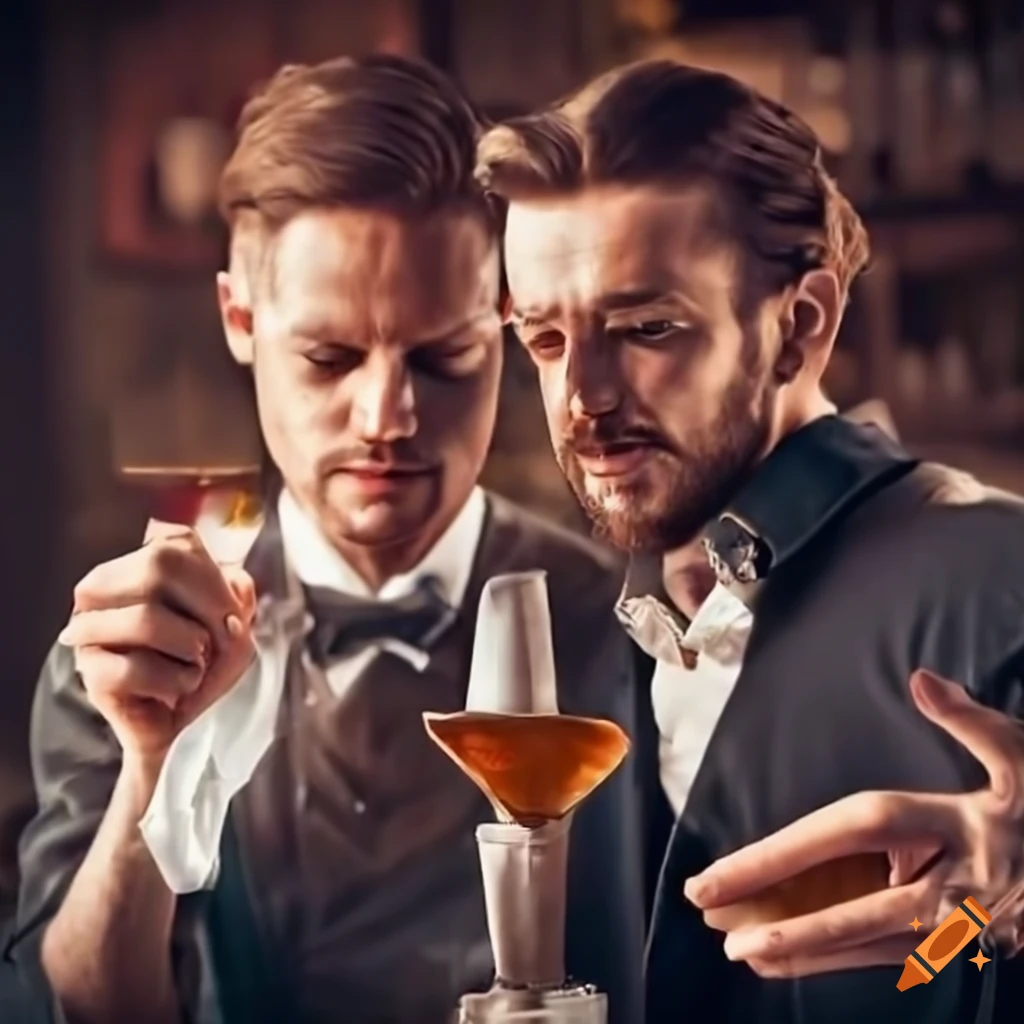 two men bartender talking at a bar