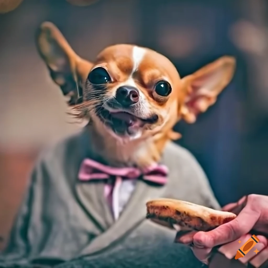 chihuahua biting a waiter at an outdoor restaurant