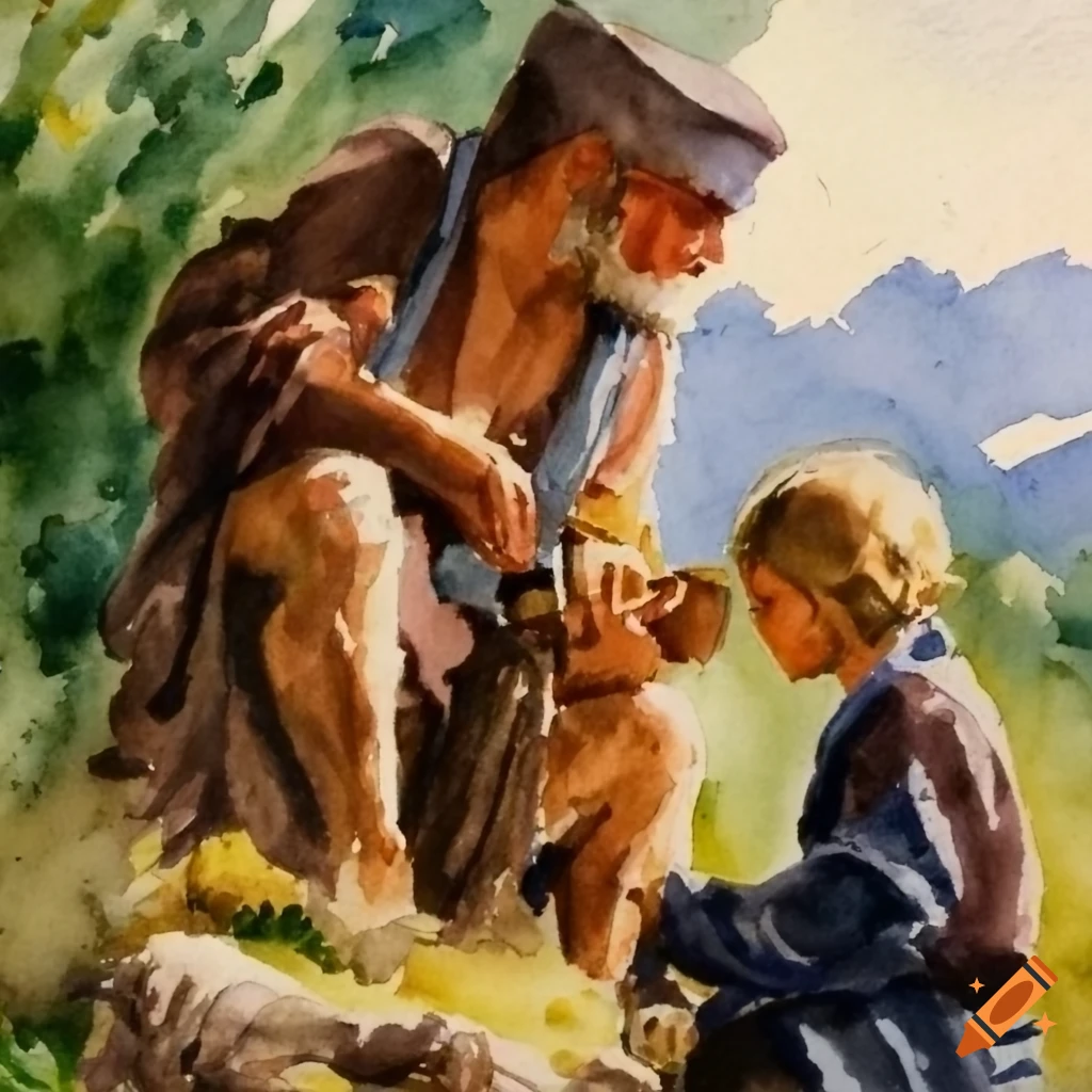 watercolor painting of a shepherd boy being consoled