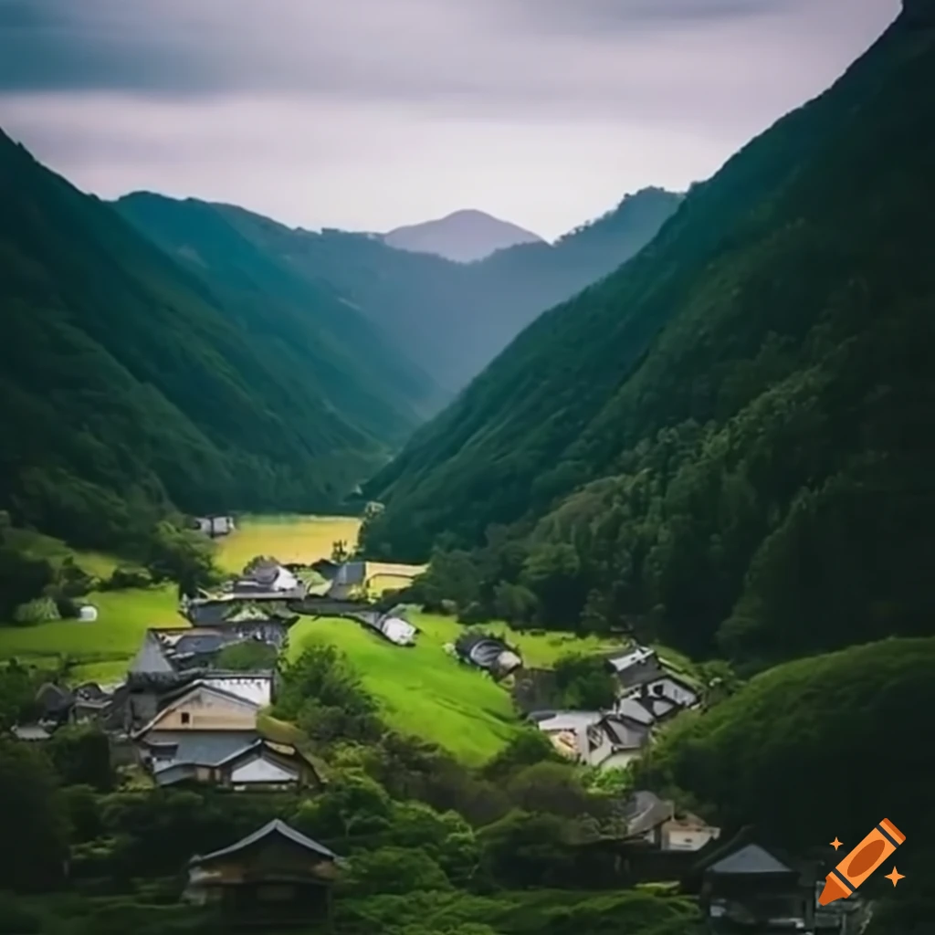 view of a Japanese village surrounded by valleys