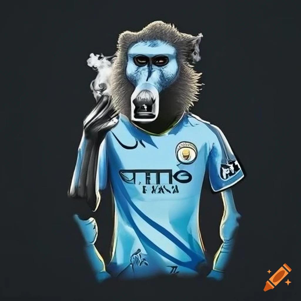baboon wearing a Manchester City shirt and vaping
