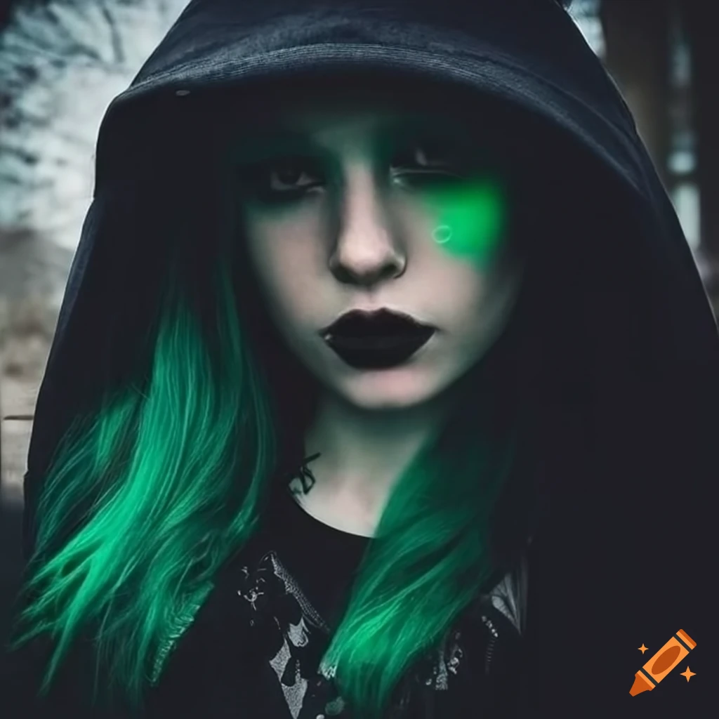 portrait of a green-haired girl in a black hoodie