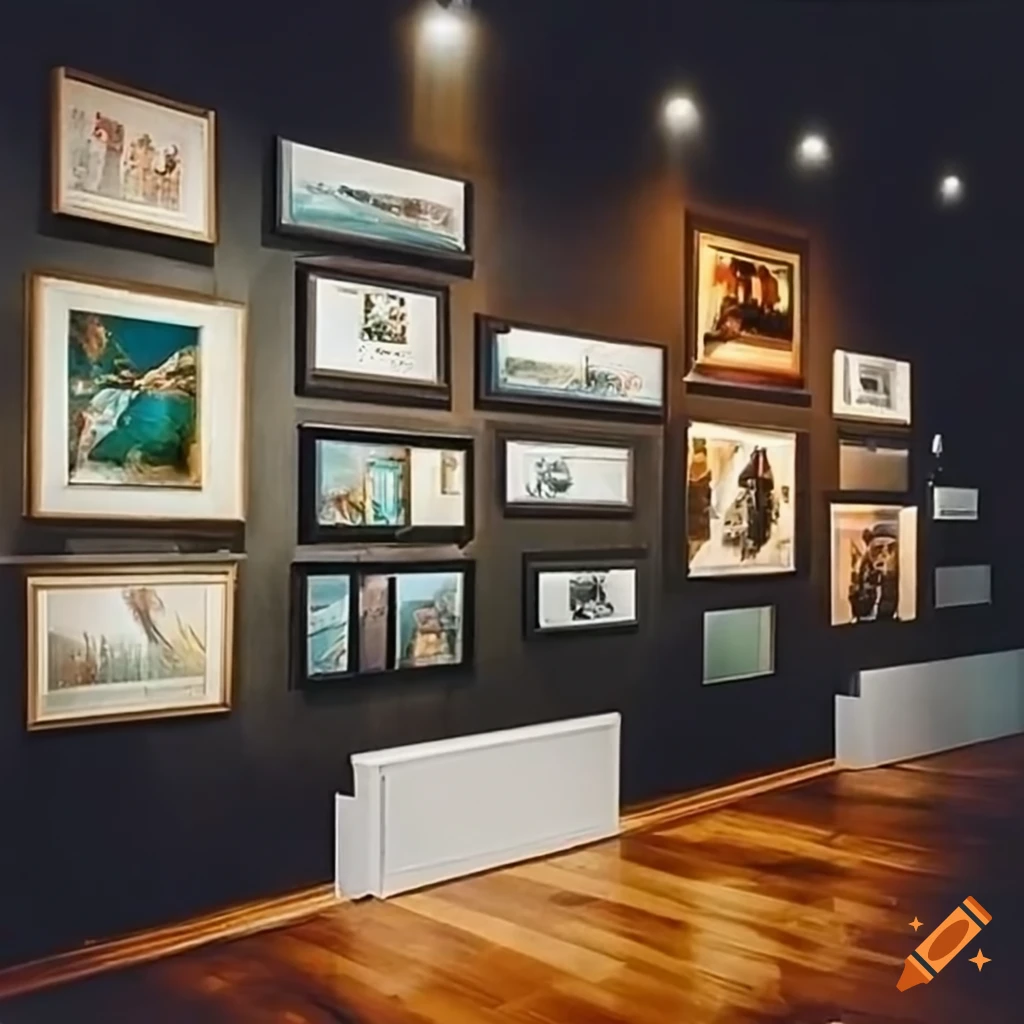 frontal view of paintings in a gallery