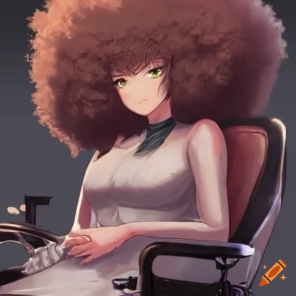 anime-style artwork of a woman with a voluminous afro