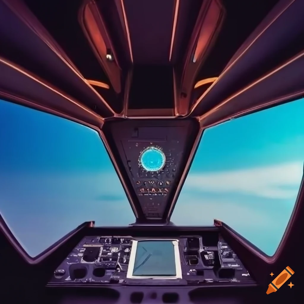 retro-futuristic spaceship cockpit with large canopy glass