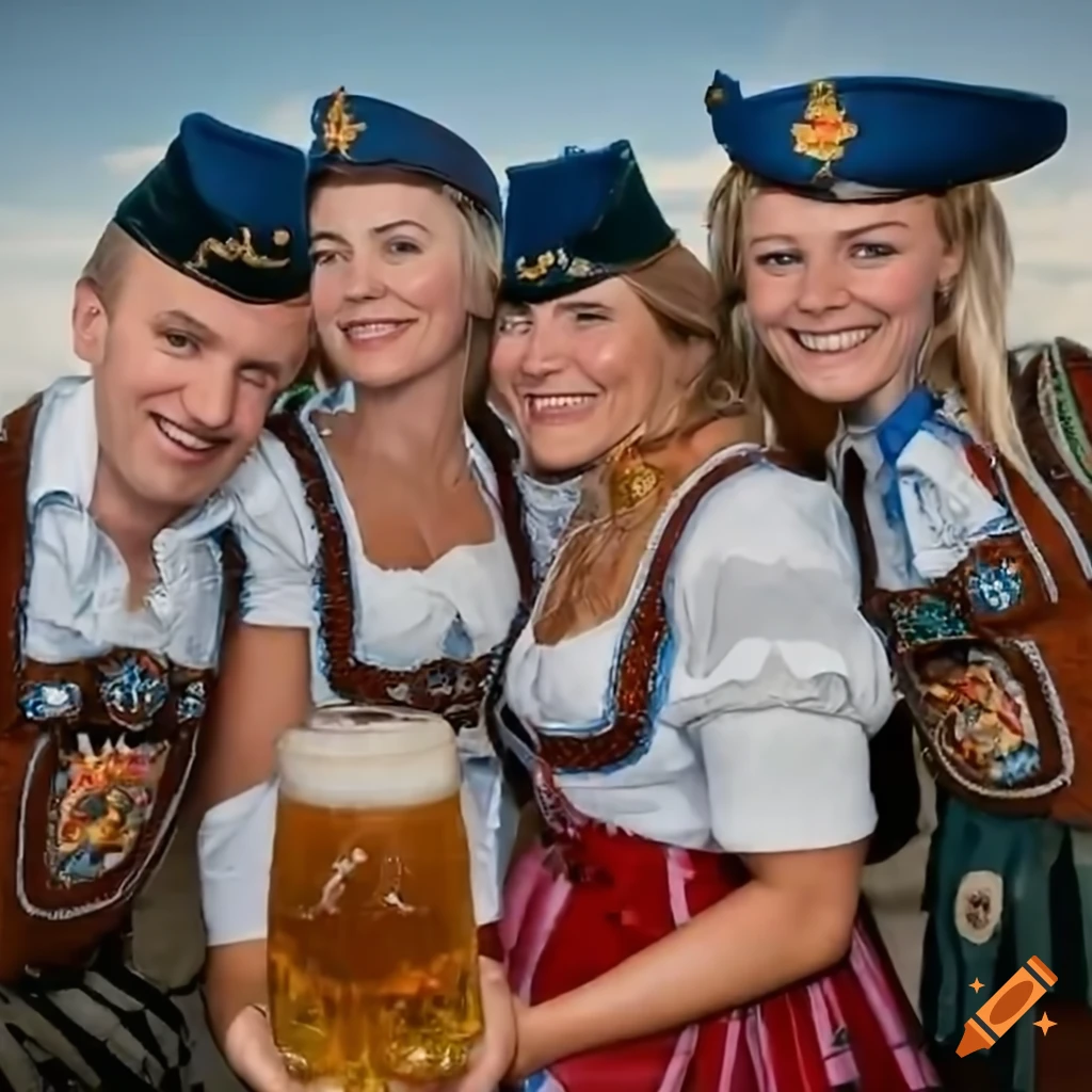 group of people in Oktoberfest outfits enjoying beer