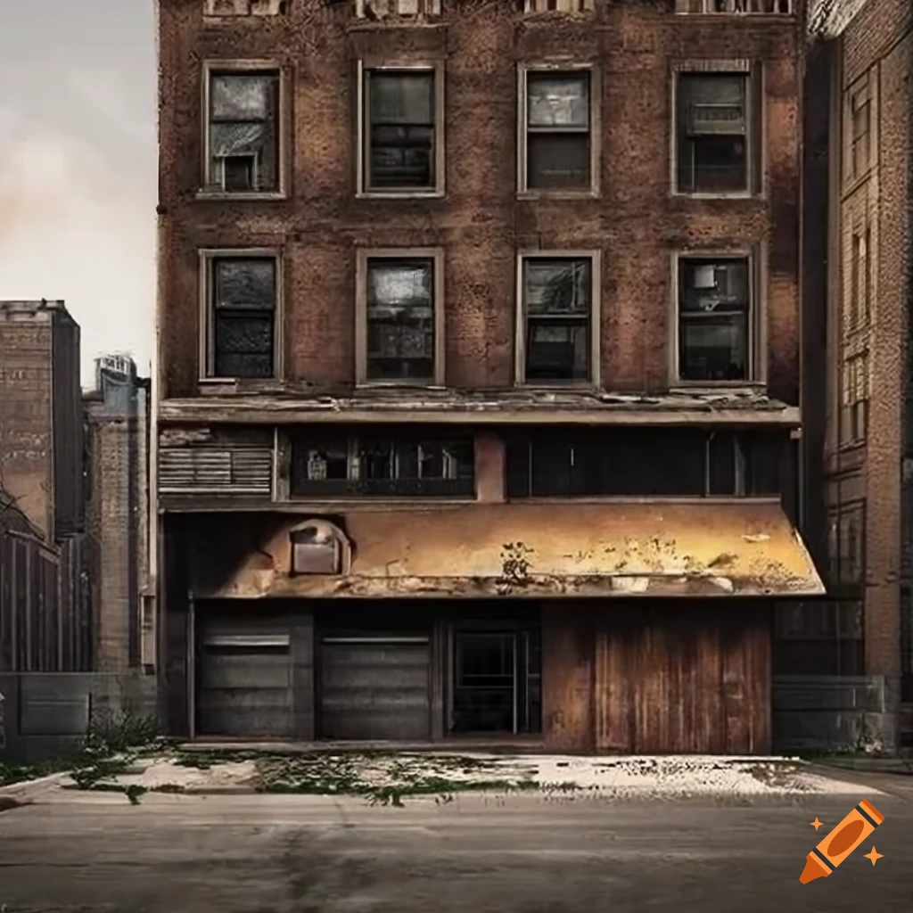 gritty depiction of a weathered storefront facade in a urban environment