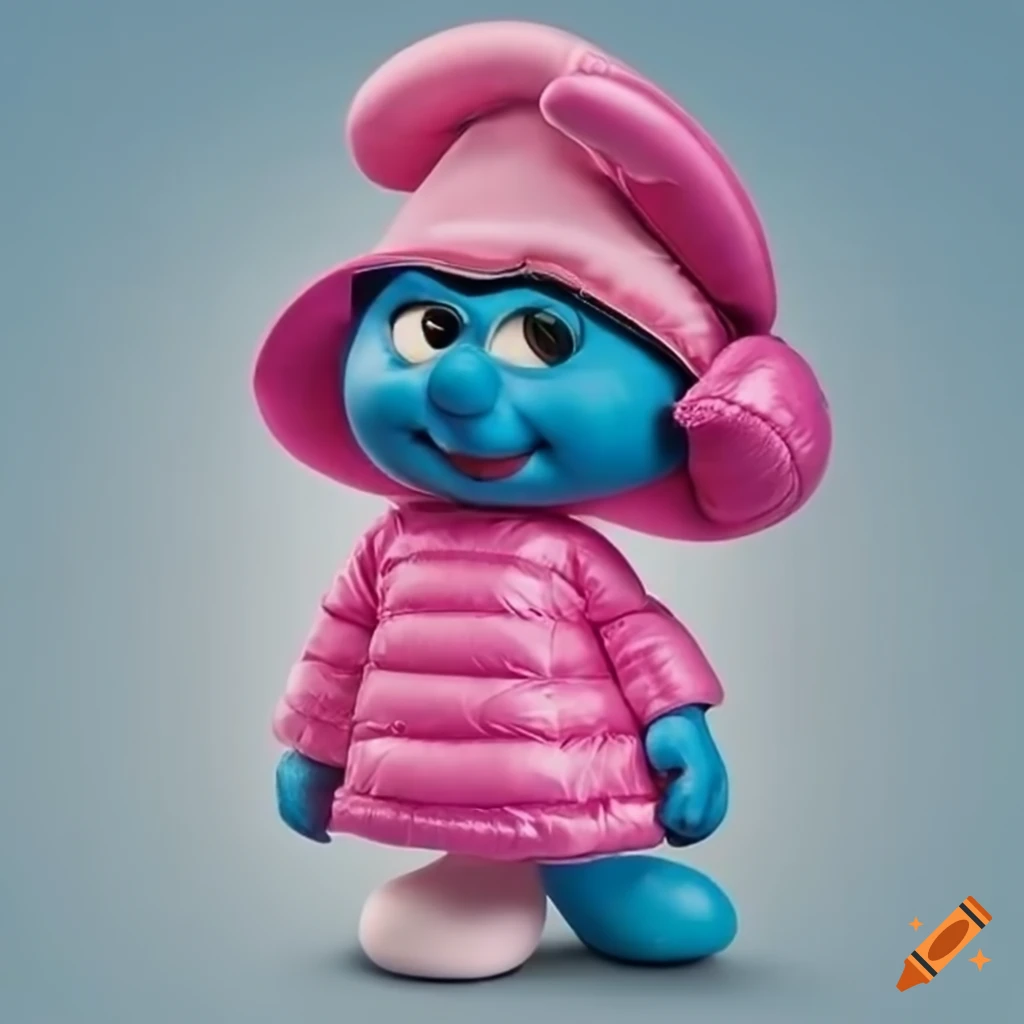 Smurfette wearing a pink Moncler jacket