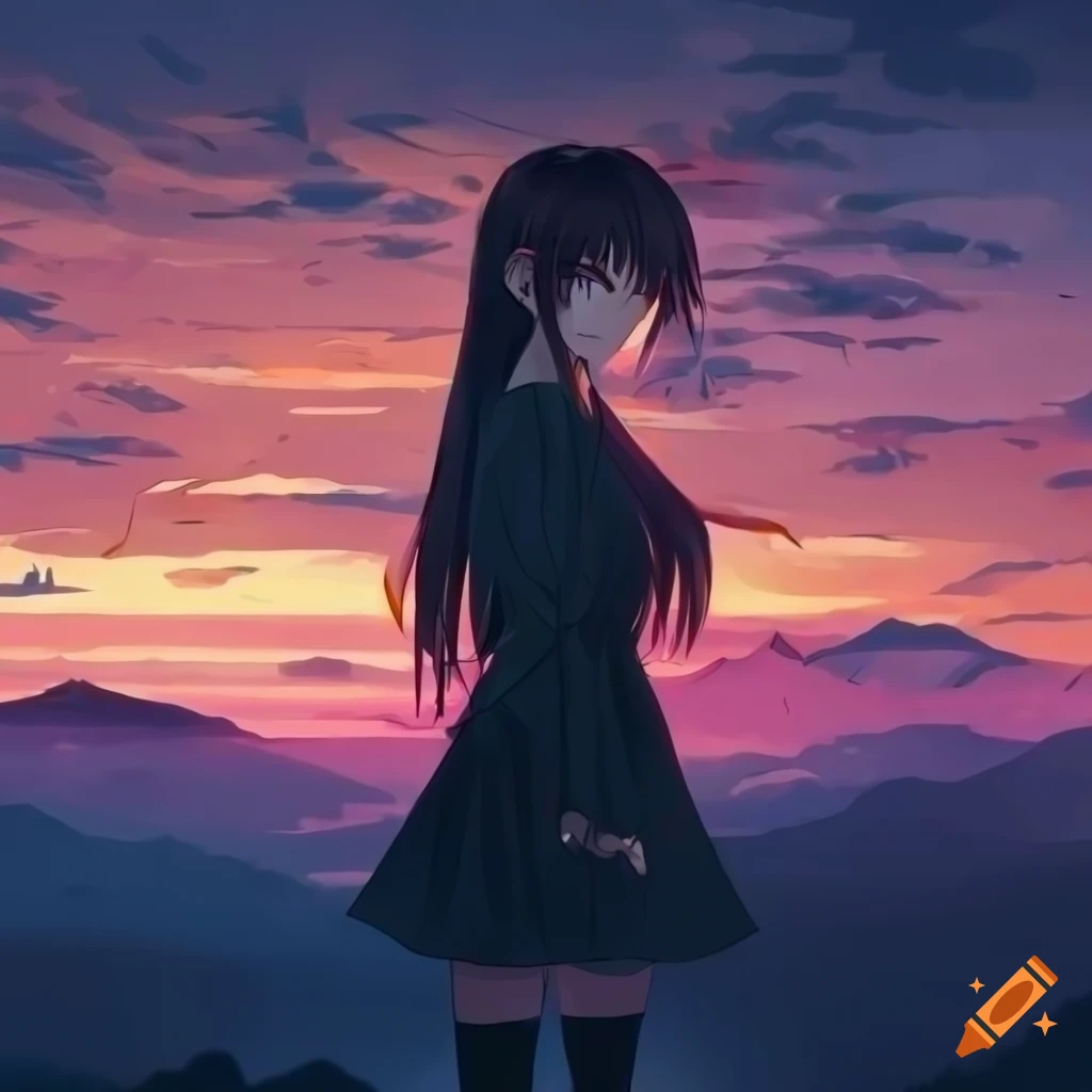 anime female character looking at Japanese mountain landscape during sunset