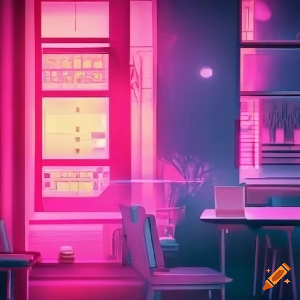 digital neon pink retrowave classroom with moonlight