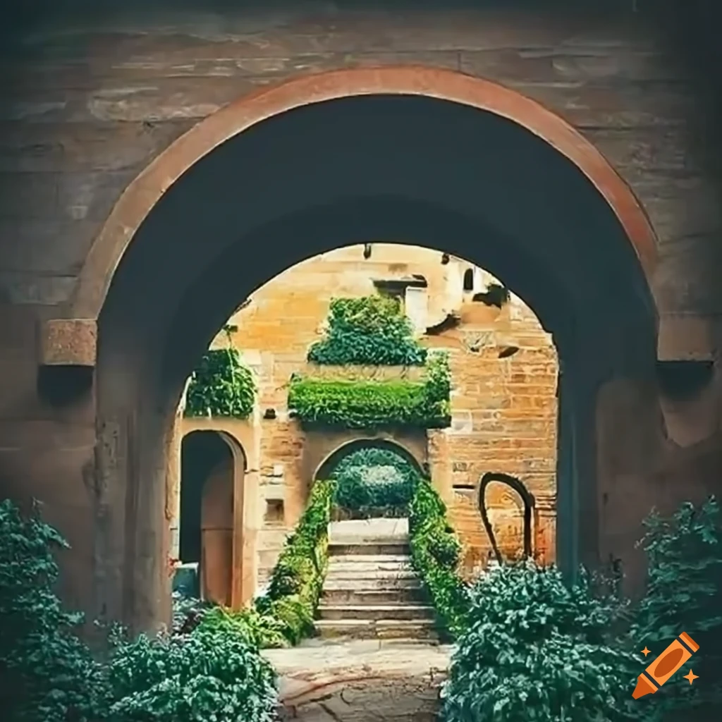 beautiful courtyard with archway and flowers