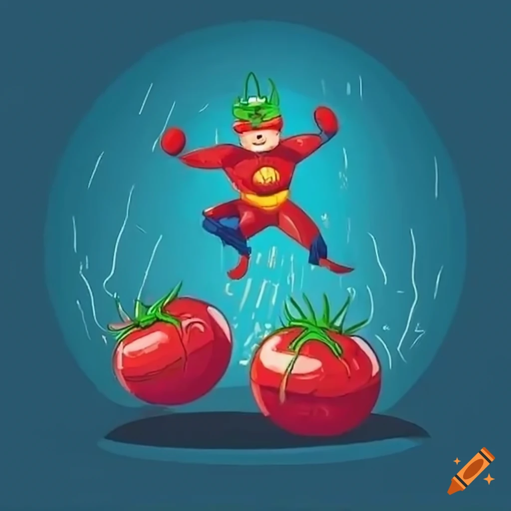 tomato superhero fighting robots in the city