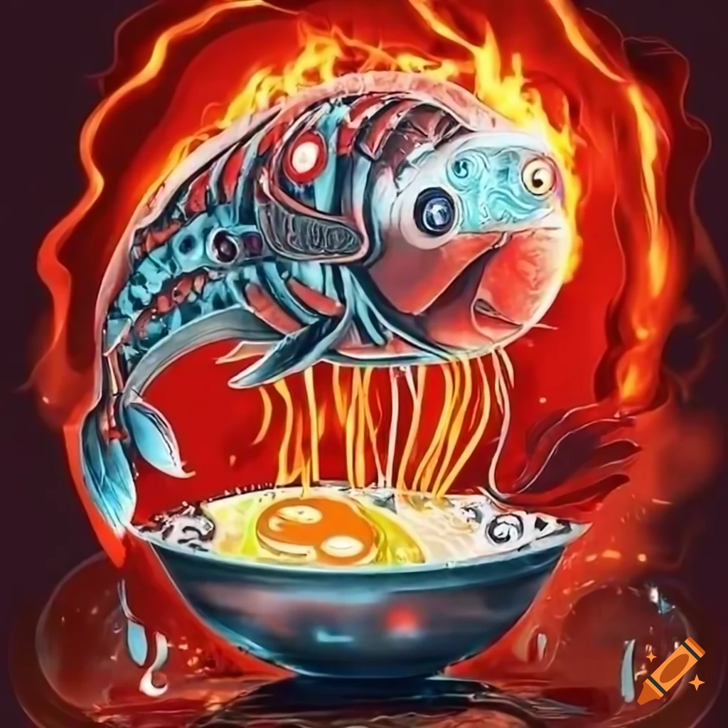 tattoo-style artwork of a metal fish breathing fire